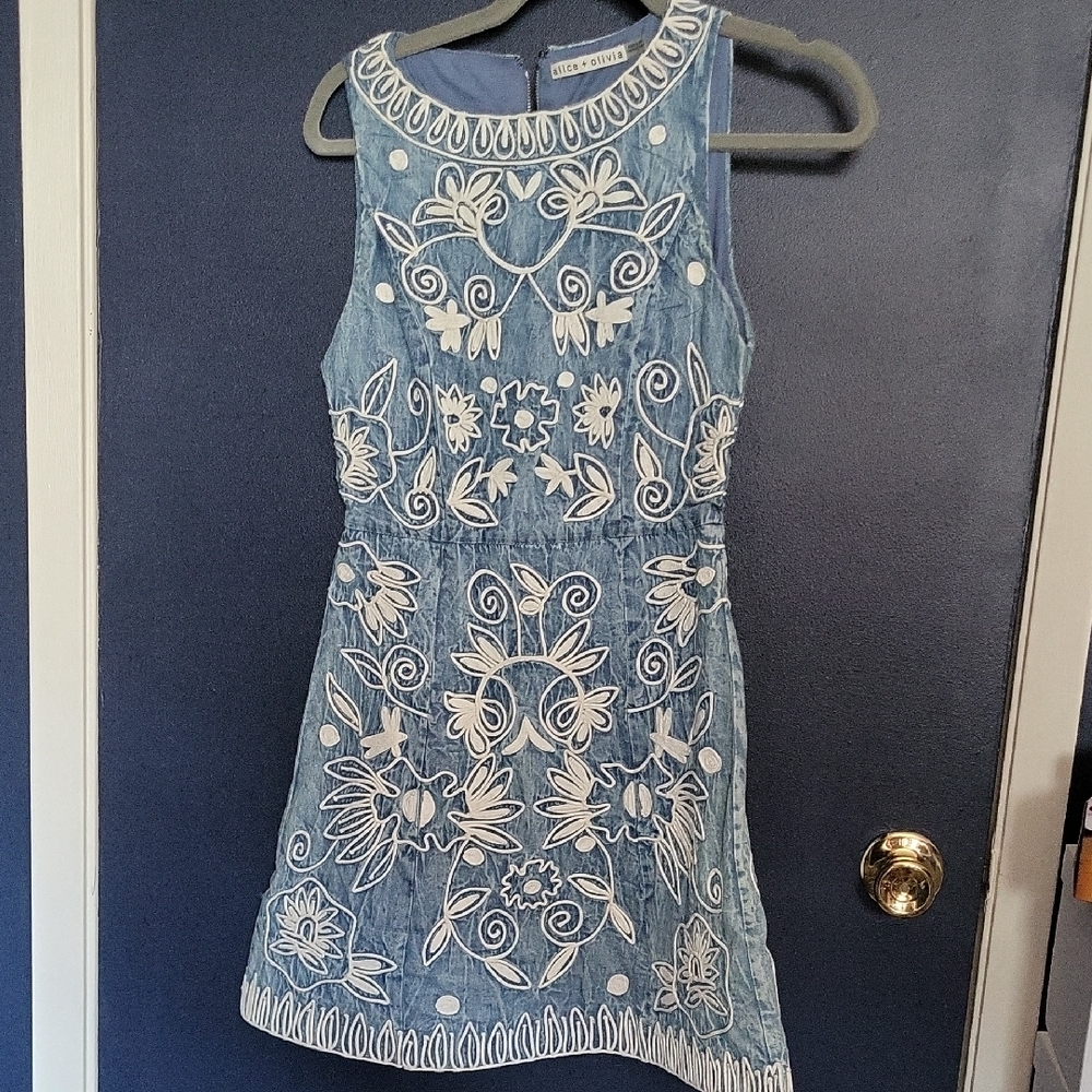 Alice And Olivia  Floral Embroidered Denim Dress